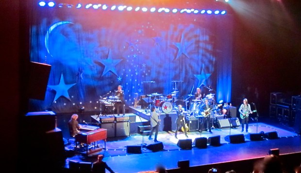 Ringo Starr and the All-Starr Band in concert, July 15, 2014. (L-R) Gregg Rolie (ex-Santana and Journey), keyboards; Warren Ham, keyboards/percussion; Steve Lukather (ex-Toto), guitar; Ringo Starr; Gregg Bissonette (ex-David Lee Roth band), drums; Richard Page (ex-Mr. Mister), bass; Todd Rundgren (solo and Utopia), guitar. (credit: own photo)