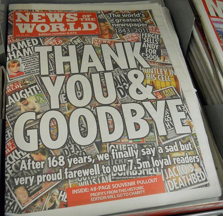 The last edition of the News of the World, July 10, 2011. The newspaper was shut down after 168 years of publication after its involvement in phone hacking was revealed. (credit: Mikey/Flickr)