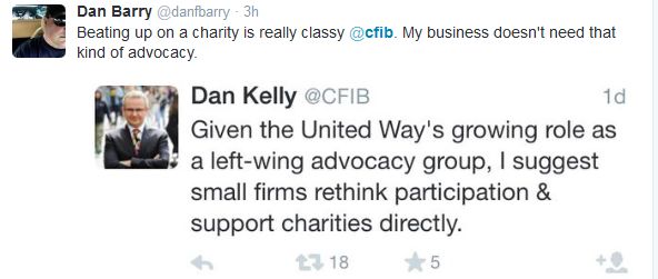Dan Kelly's original Tweet about the United Way, with a response from an angry CFIB member. (credit: Twitter)