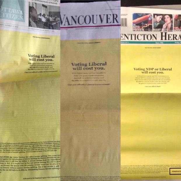 The front pages of three of Postmedia's newspapers on Friday, October 16, 2015. (credit: Todd Barriage/Instagram)