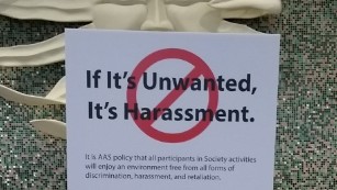 A sign at the 2016 American Astronomical Society conference, notifying attendees of the society's anti-harassment policy. (credit: cnn.com)